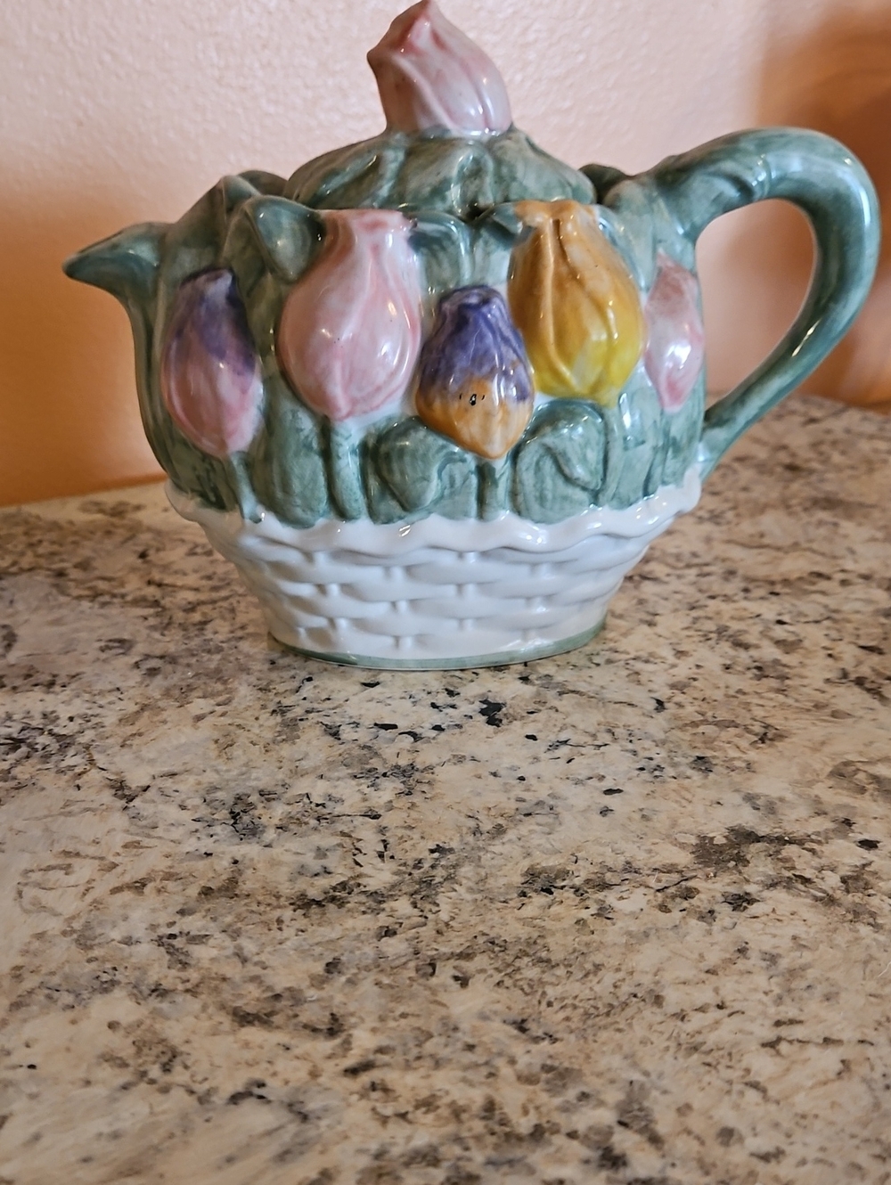 Andrea By Sadek Tulip Basket-Weave Ceramic Teapot in Pastel Greens and Pinks